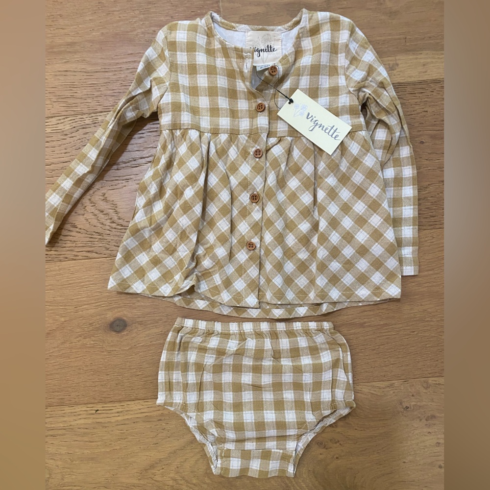 Vignette golden neutral plaid baby girls set size 6-9m NWT